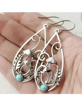 Turquoise Earrings Mushrooms 3D Dangle Stylish Boho Wonderland Unique Ornate Fun